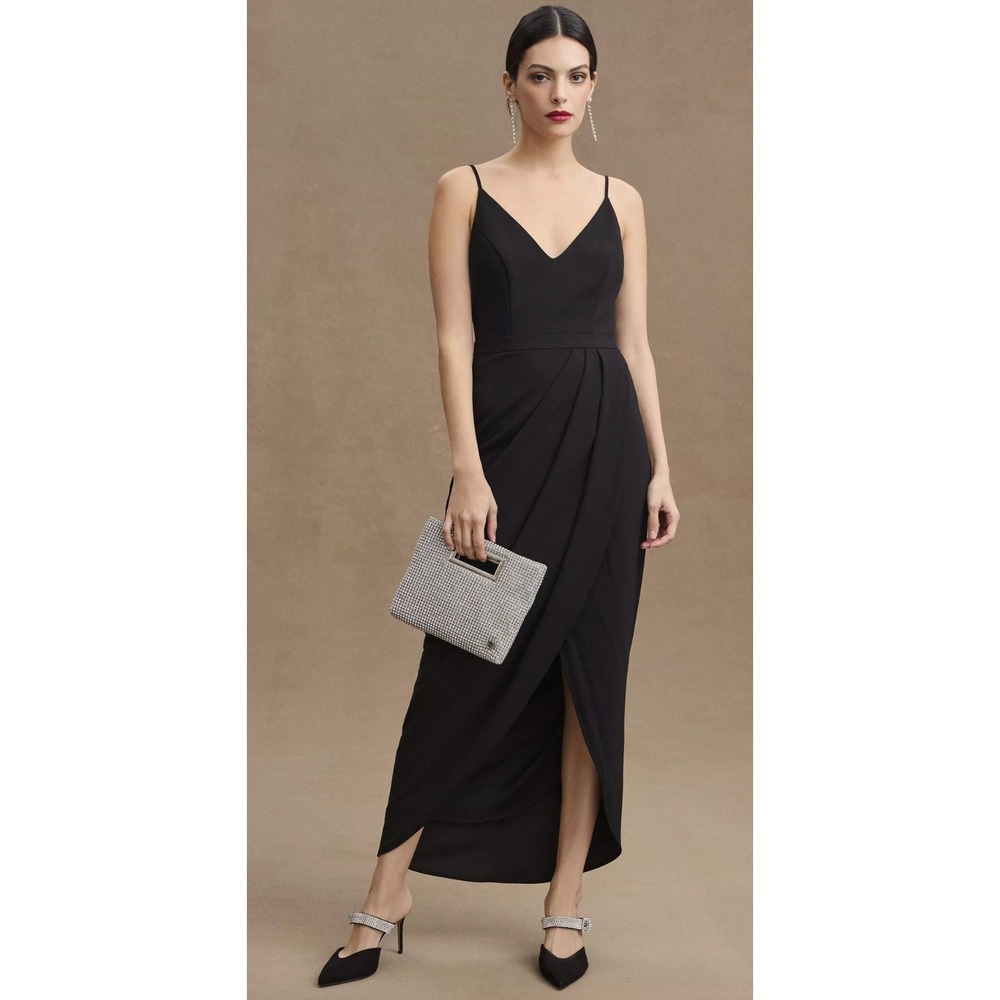 BHLDN Lyra Dress Black V-Neck Spaghetti Strap Faux Wrap Tulip Maxi Gown Womens 4